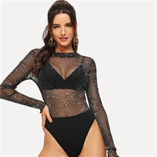 Load image into Gallery viewer, Black Mesh Contrast Sheer Star Sequined Bodysuit Without Bra