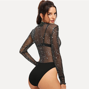 Black Mesh Contrast Sheer Star Sequined Bodysuit Without Bra