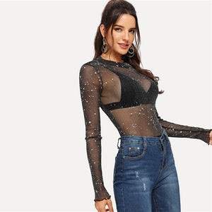 Black Mesh Contrast Sheer Star Sequined Bodysuit Without Bra