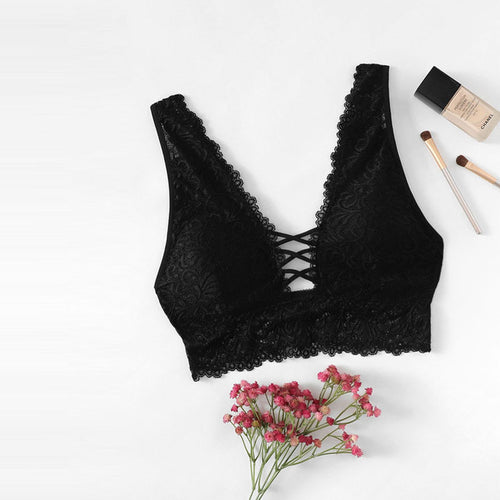 Black Strappy Lace Bralette Women Bra